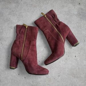 Michael Kors ‘Dolores’ Burgundy Suede Almond Toe Block Heeled Ankle Boots- 6.5